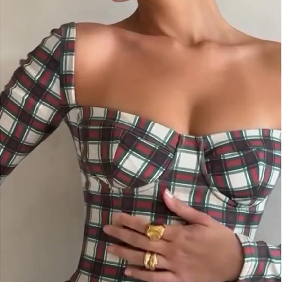 Elegant Plaid A-line Dress for Women Square Neck Backless Long Sleeves Slim Dres - Picture 15 of 15